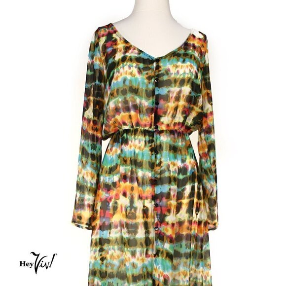 Sheer Summery Flowy Maxi Dress w Colorful Watercolor Pattern Size XL - Hey Viv - Picture 2 of 5
